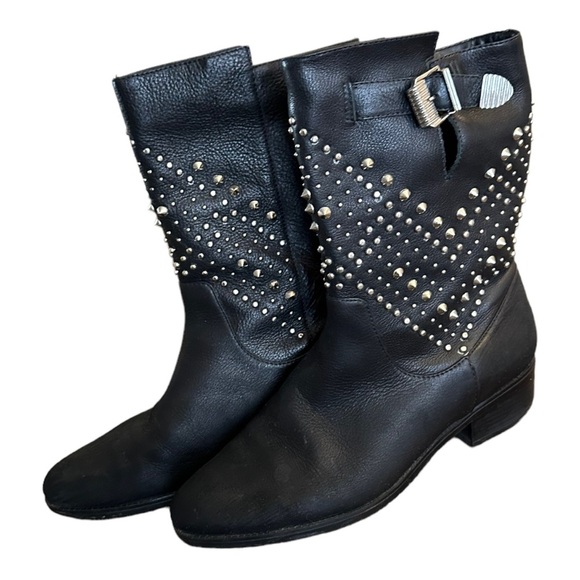 SCHUTZ black studded midi slip on leather boots - Picture 3 of 10